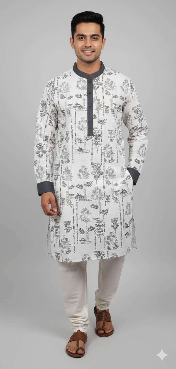 Ekushey February Panjabi | Bangla Typography Panjabi | 21 February Outfit | Language Martyrs Day Panjabi | Black & White Printed Panjabi