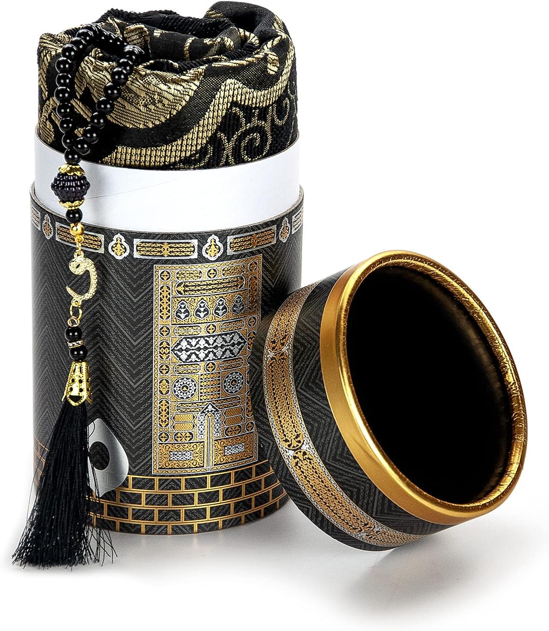 Muslim Prayer Rug and Prayer Beads with Elegant Design Cylinder Gift Box | Janamaz | Sajadah | Soft Islamic Gifts Set