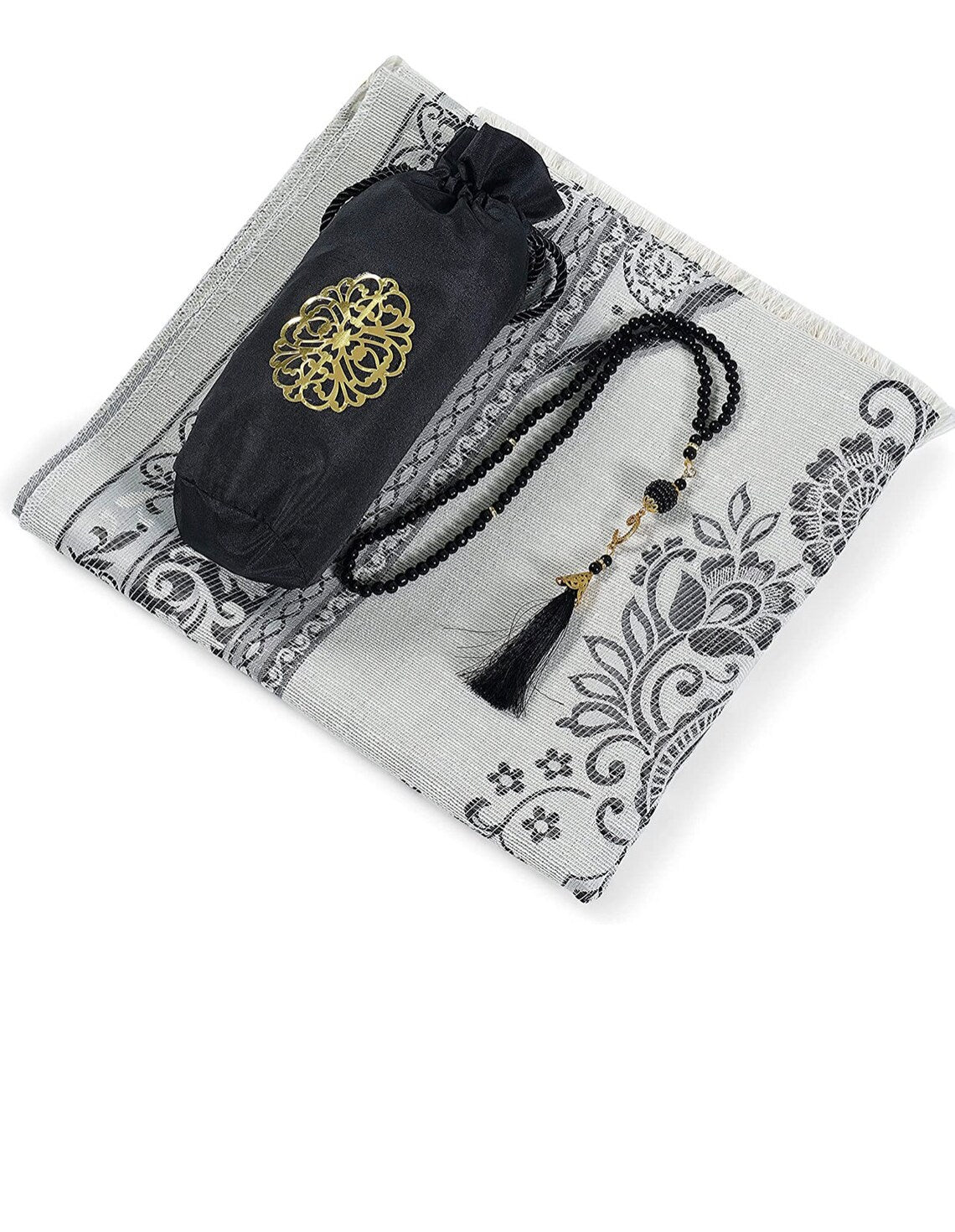 Muslim Prayer Rug and Prayer Beads with Elegant Design Cylinder Gift Box | Janamaz | Sajadah | Soft Islamic Gifts Set