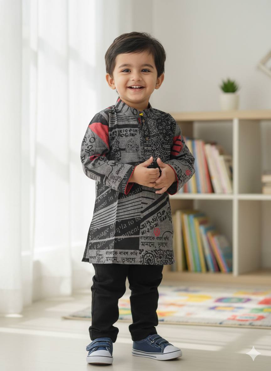 Ekushey February Panjabi | Bangla Typography Panjabi | 21 February Outfit | Language Martyrs Day Panjabi | Black & White Printed Panjabi