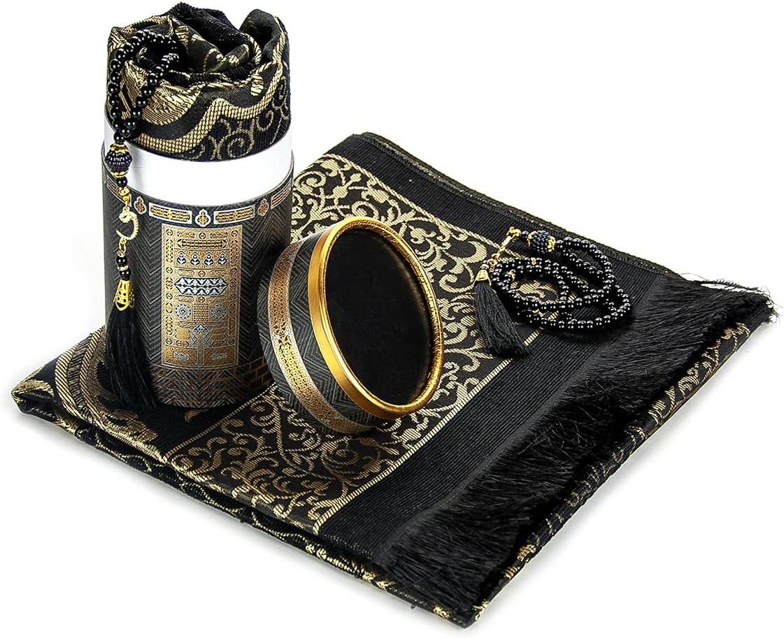 Muslim Prayer Rug and Prayer Beads with Elegant Design Cylinder Gift Box | Janamaz | Sajadah | Soft Islamic Gifts Set