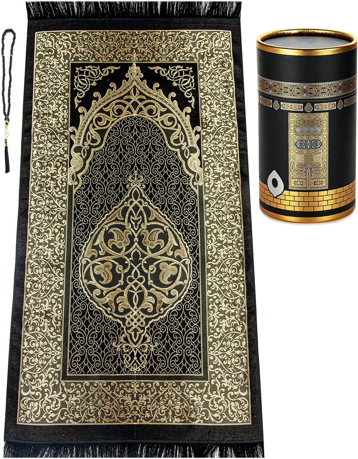 Muslim Prayer Rug and Prayer Beads with Elegant Design Cylinder Gift Box | Janamaz | Sajadah | Soft Islamic Gifts Set