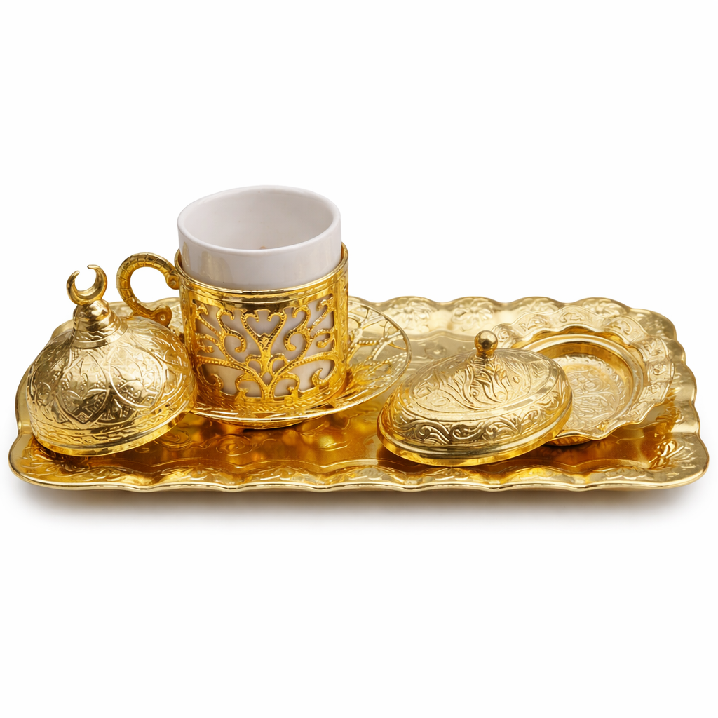 Turkish Luxury 4-Piece Coffee Cup Set with Tray & Sugar Bowl