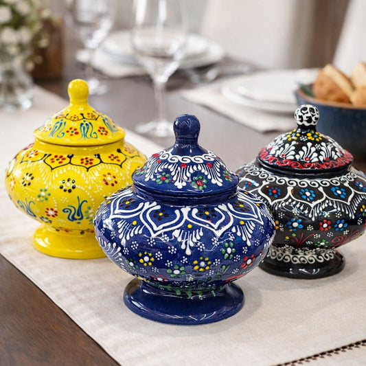 Hand-Painted Turkish Ceramic Sugar Bowl Set – Colorful Decorative Lidded Jars