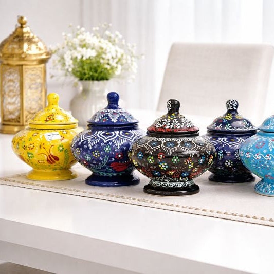 Hand-Painted Turkish Ceramic Sugar Bowl Set – Colorful Decorative Lidded Jars
