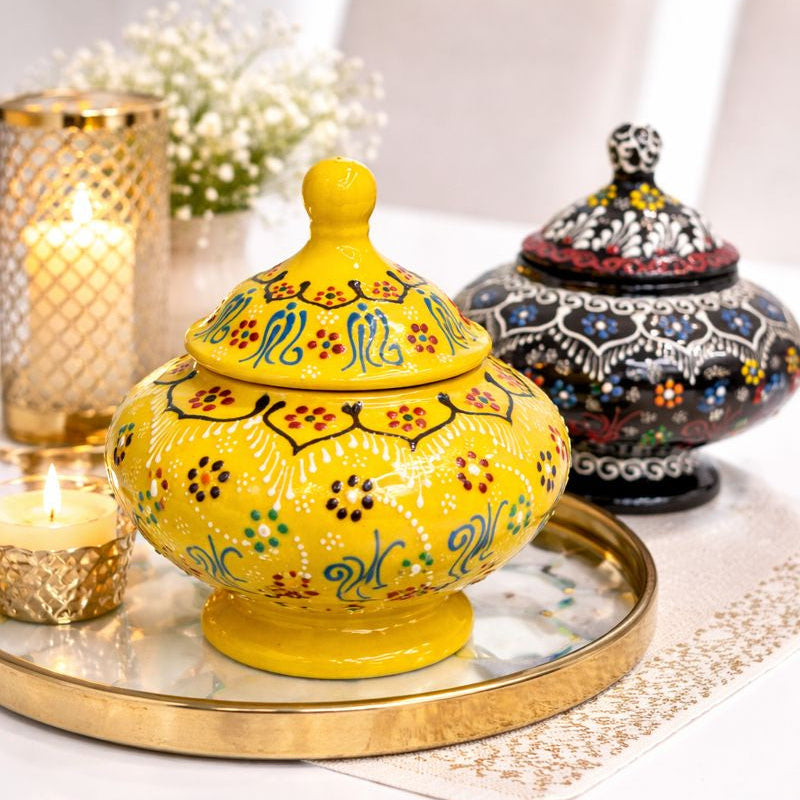 Hand-Painted Turkish Ceramic Sugar Bowl Set – Colorful Decorative Lidded Jars