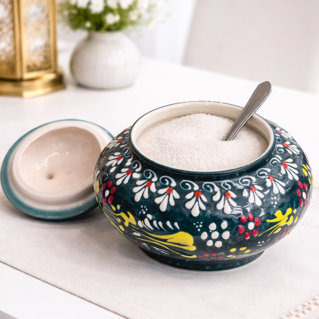Hand-Painted Turkish Ceramic Sugar Bowl Set – Colorful Decorative Lidded Jars