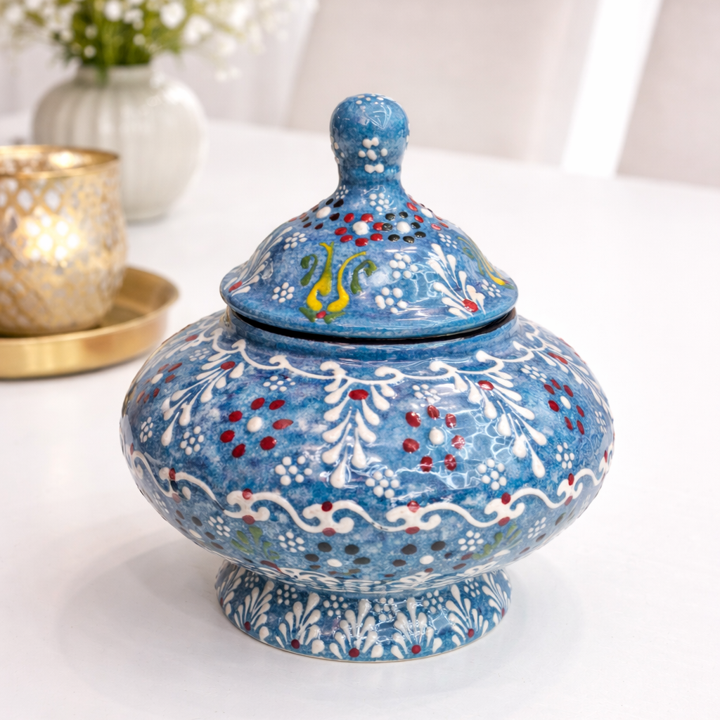 Hand-Painted Turkish Ceramic Sugar Bowl Set – Colorful Decorative Lidded Jars