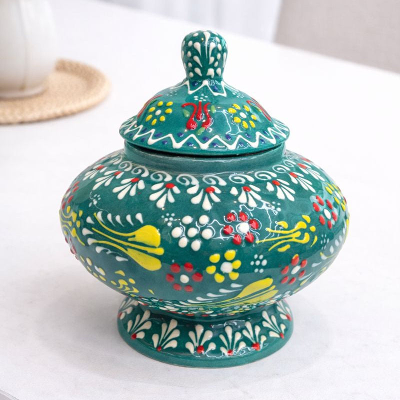 Hand-Painted Turkish Ceramic Sugar Bowl Set – Colorful Decorative Lidded Jars