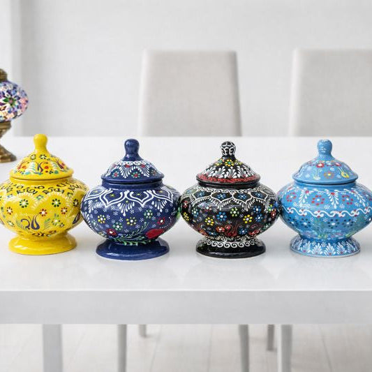 Hand-Painted Turkish Ceramic Sugar Bowl Set – Colorful Decorative Lidded Jars