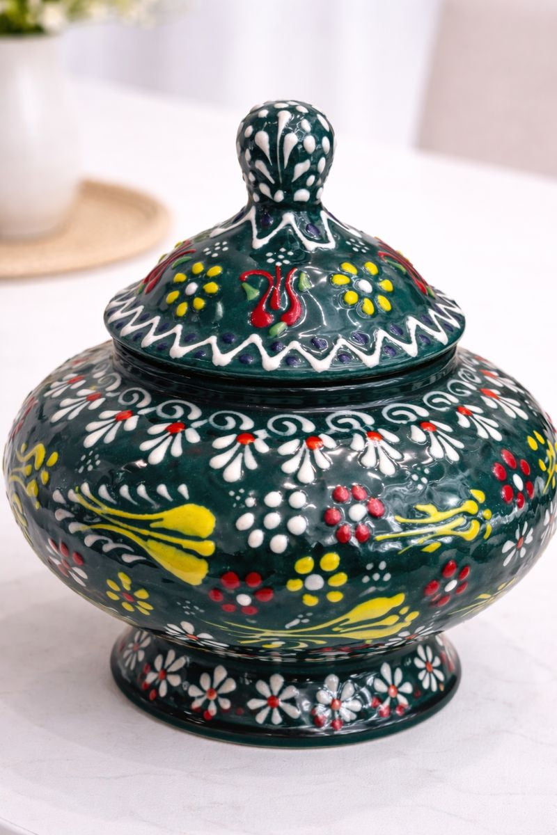 Hand-Painted Turkish Ceramic Sugar Bowl Set – Colorful Decorative Lidded Jars