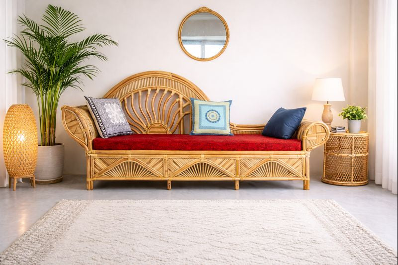 Cane Divan Handcrafted ratten Sofa – Natural Cane Divan with Elegant Backrest ...