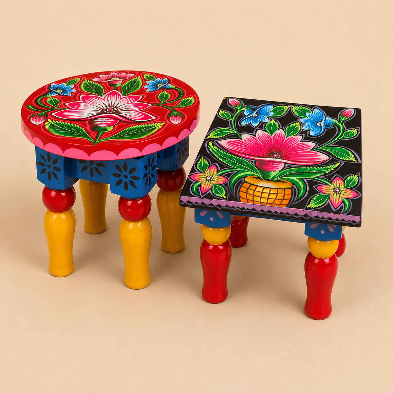 Bangladeshi Rickshaw Art Hand-Painted Wooden Stool