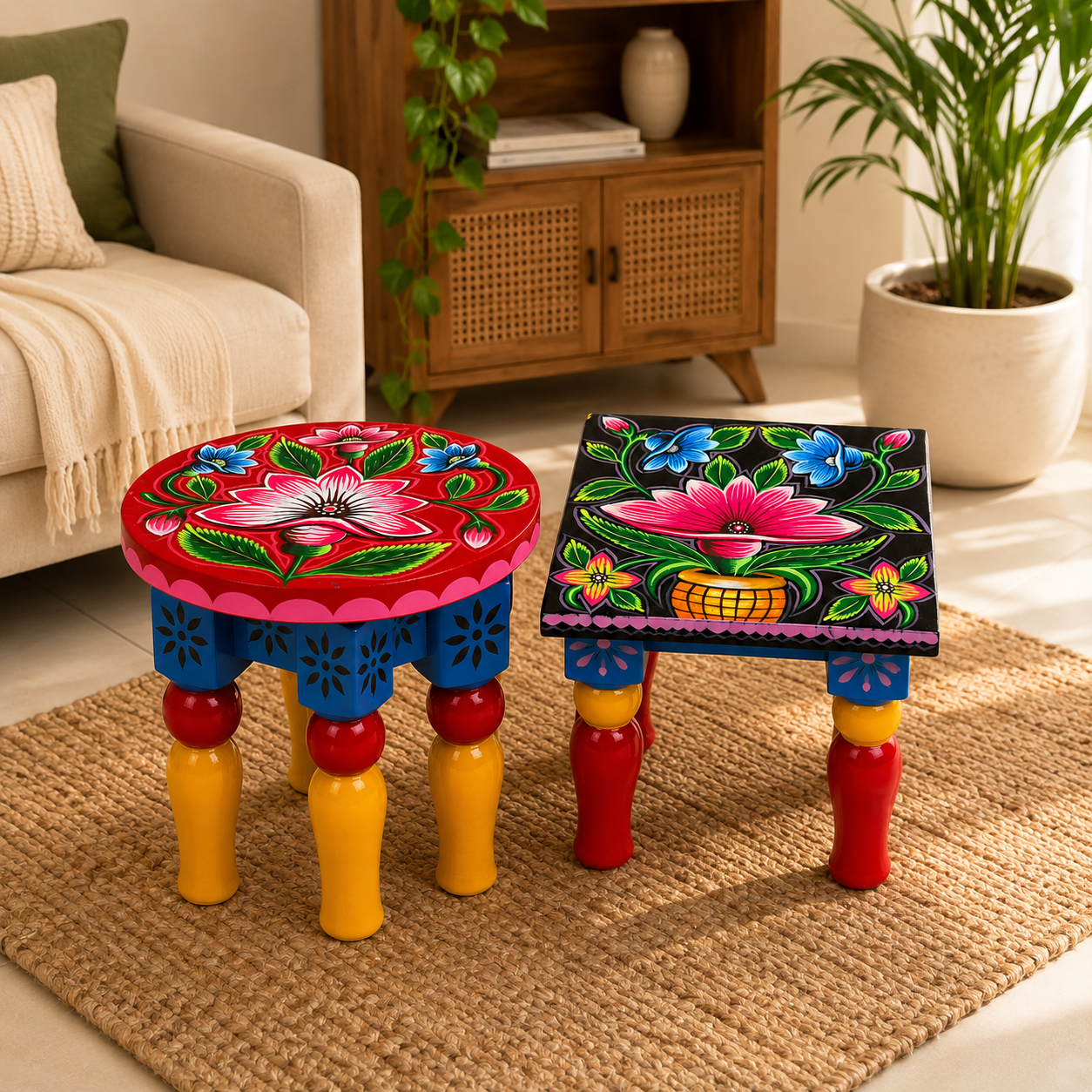 Bangladeshi Rickshaw Art Hand-Painted Wooden Stool