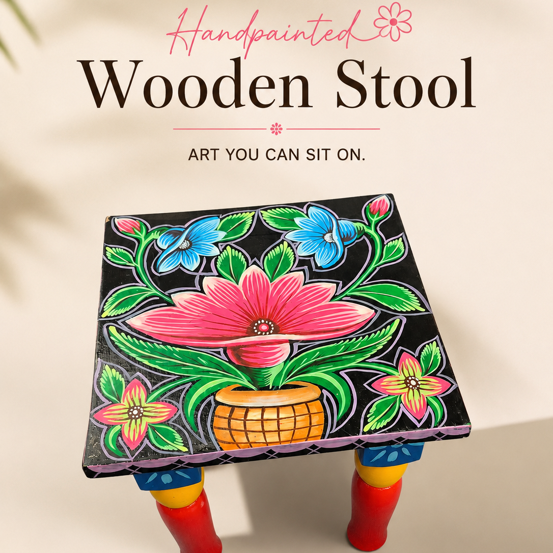Bangladeshi Rickshaw Art Hand-Painted Wooden Stool