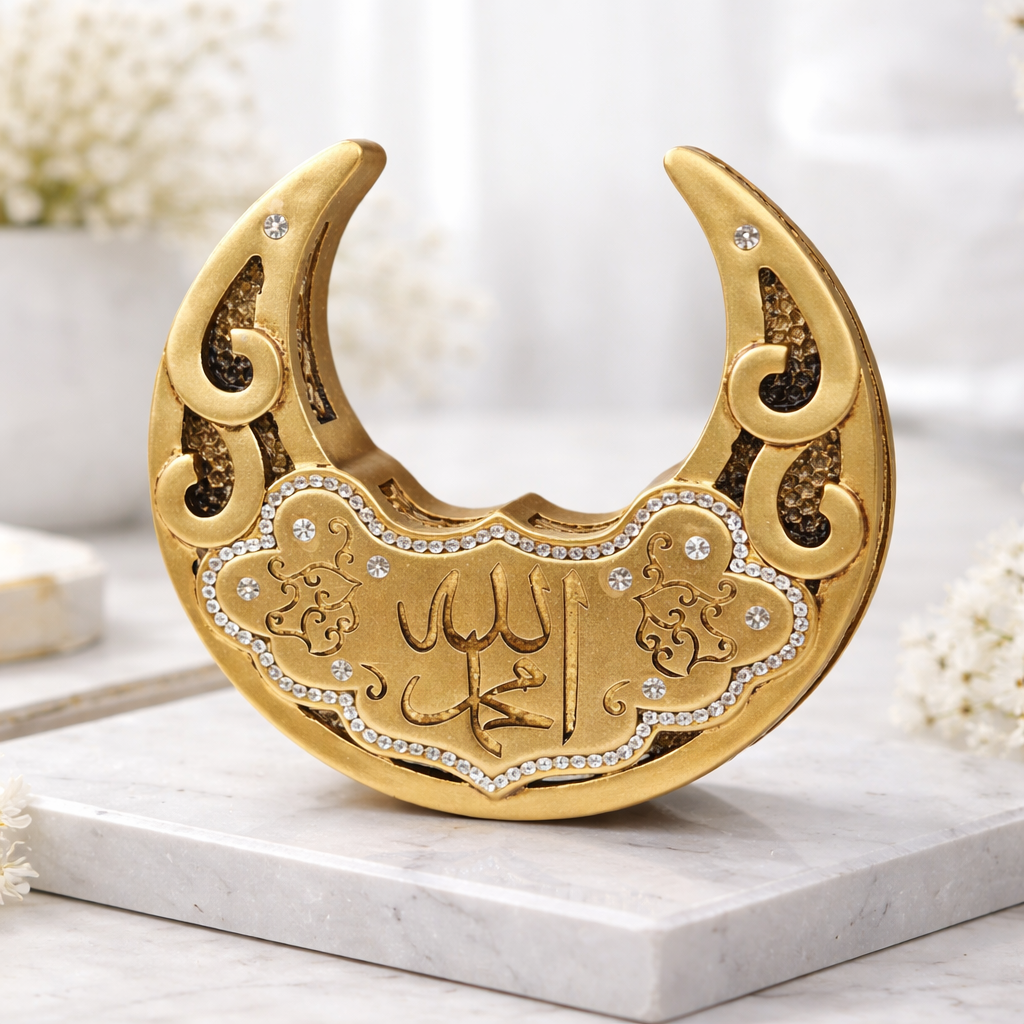 Islamic Crescent Moon Table Decor – Allah & Muhammad Calligraphy