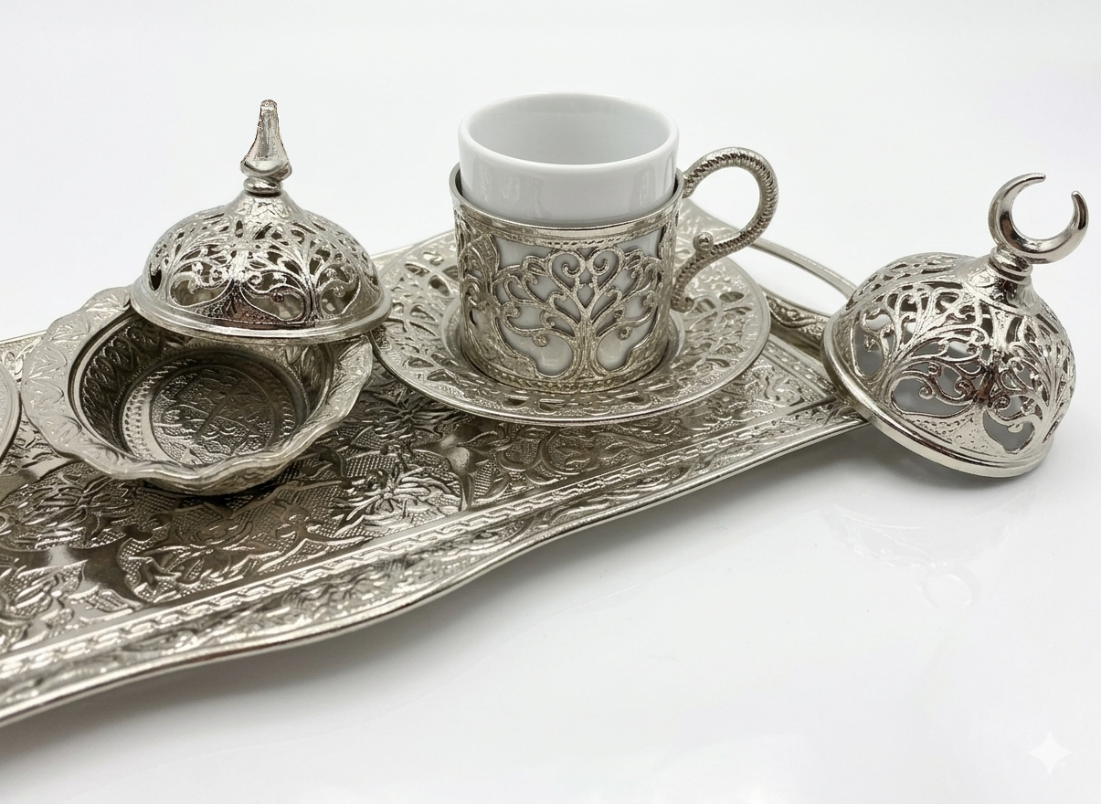 Turkish Luxury 4-Piece Coffee Cup Set with Tray & Sugar Bowl