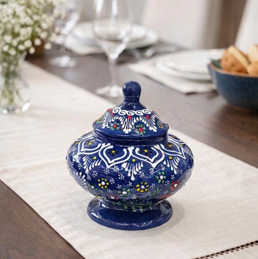 Hand-Painted Turkish Ceramic Sugar Bowl Set – Colorful Decorative Lidded Jars