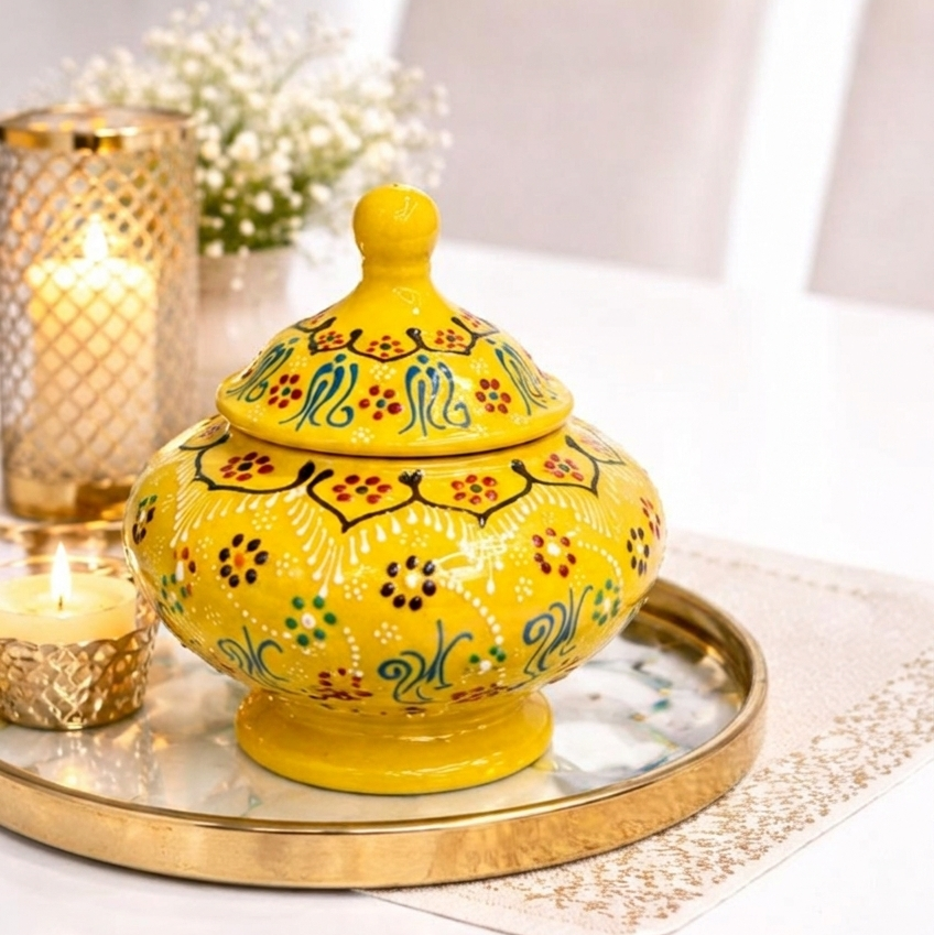 Hand-Painted Turkish Ceramic Sugar Bowl Set – Colorful Decorative Lidded Jars
